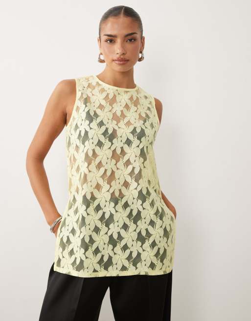 ASOS DESIGN - Canotta lunga oversize in pizzo color limone in coordinato