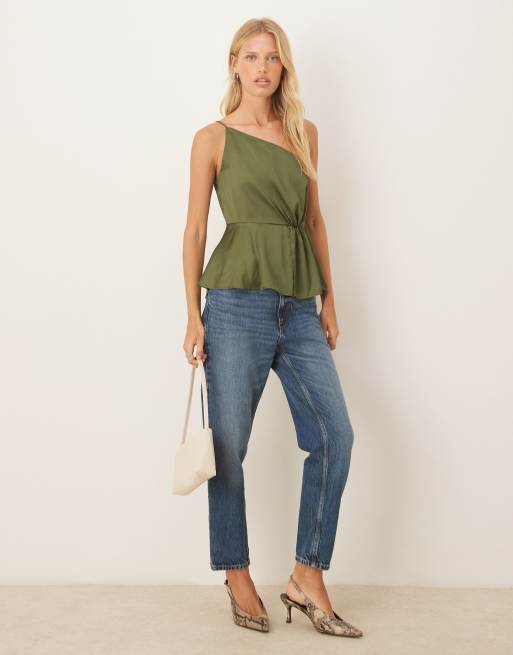 ASOS DESIGN - Canotta monospalla in raso oliva, 2 di 4