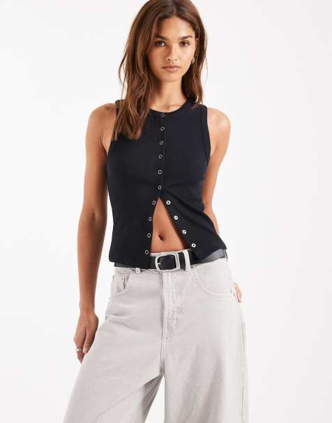 ASOS DESIGN - Canotta nera a coste con bottoni a pressione - view 1