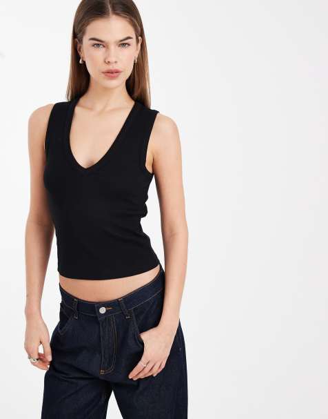 ASOS DESIGN - Canotta nera a coste con scollo a V - view 1