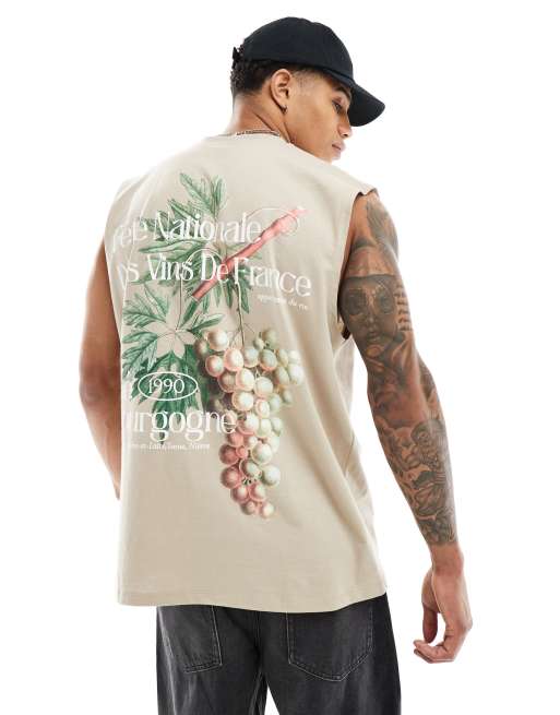 ASOS DESIGN - Canotta oversize beige con stampa di frutta sulla schiena