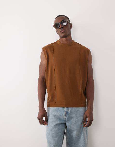 ASOS DESIGN - Canotta oversize in maglia marrone con profili a contrasto - view 1