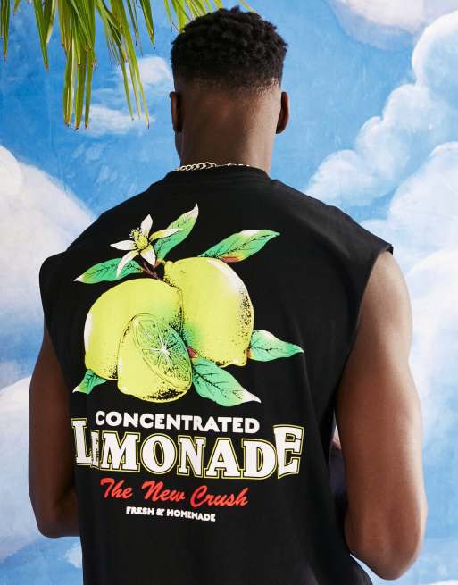 ASOS DESIGN - Canotta oversize nera con stampa di limoni rétro sul retro