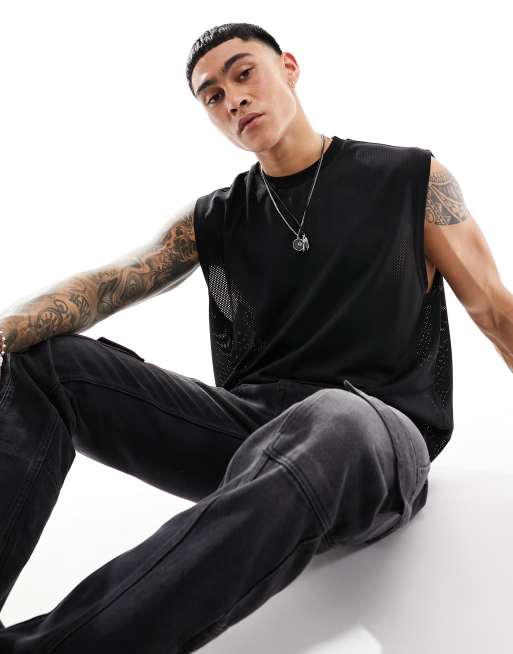 ASOS DESIGN - Canotta oversize nera in rete sportiva