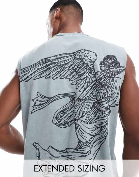 ASOS DESIGN - Canotta pesante 220 gsm grigio slavato con stampa di angelo sul retro - view 1