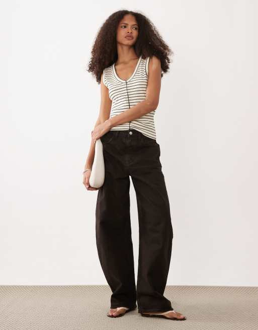 ASOS DESIGN - Canotta pesante a coste color panna e nera a righe con scollo a V e cuciture a vista, 2 di 4