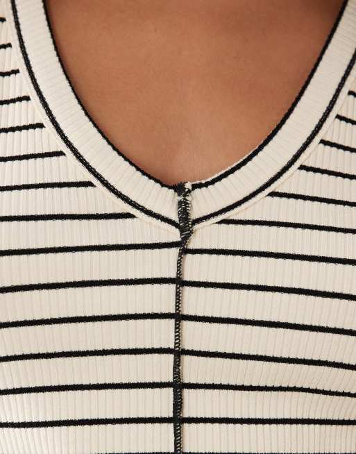 ASOS DESIGN - Canotta pesante a coste color panna e nera a righe con scollo a V e cuciture a vista, 3 di 4
