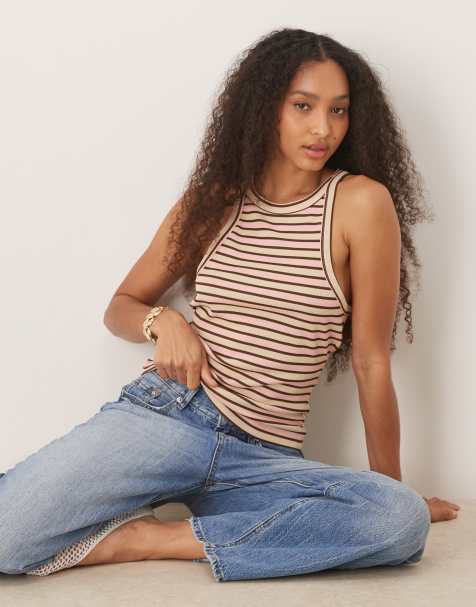 ASOS DESIGN - Canotta rosa e panna a righe con scollo a vogatore - view 1