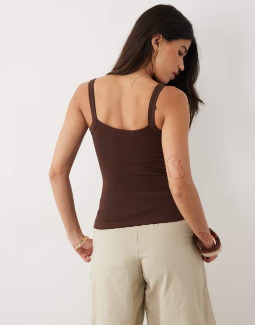 ASOS DESIGN - Canotta senza cuciture color cioccolato con scollo squadrato e bottoni, 2 di 4