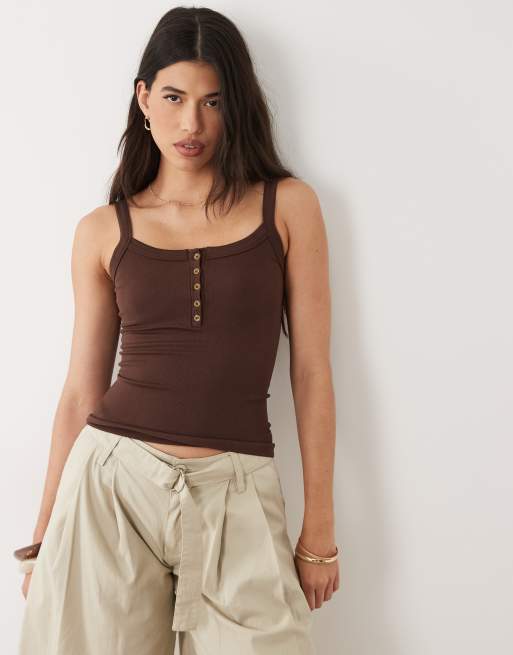 ASOS DESIGN - Canotta senza cuciture color cioccolato con scollo squadrato e bottoni, 3 di 4