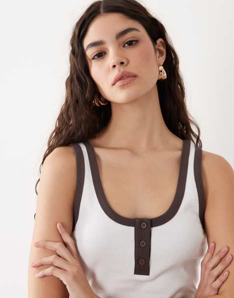 ASOS DESIGN - Canotta serafino a coste bianca con profili a contrasto - view 1