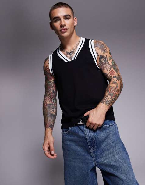 ASOS DESIGN - Canotta squadrata regular fit nera con scollo a V e pannello a contrasto - view 1