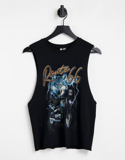 ASOS DESIGN - Canotta tagliata nera con stampa su licenza Route 66