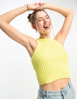 ASOS DESIGN - Canotta taglio corto in maglia gialla con impunture spesse e scollo a vogatore