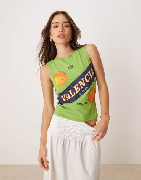 ASOS DESIGN - Canotta verde con scollo a barchetta e stampa di arance con scritta “Valencia” - view 1