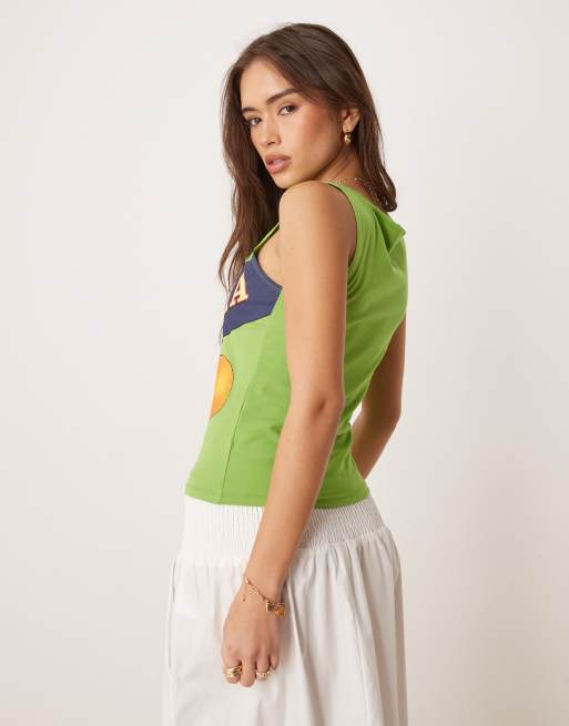 ASOS DESIGN - Canotta verde con scollo a barchetta e stampa di arance con scritta “Valencia”, 4 di 4