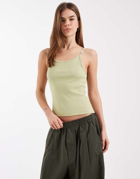 ASOS DESIGN - Canotta verde salvia a coste con scollo rotondo e spalline - view 1