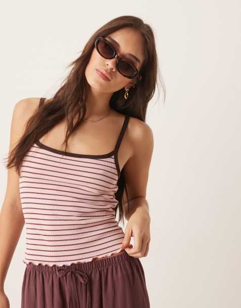 ASOS DESIGN - Canottiera a coste rosa a righe color cioccolato con bordi a contrasto - view 1