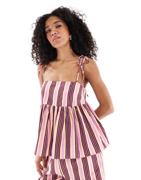 ASOS DESIGN - Canottiera a righe con peplo e spalline allacciate in coordinato - view 1