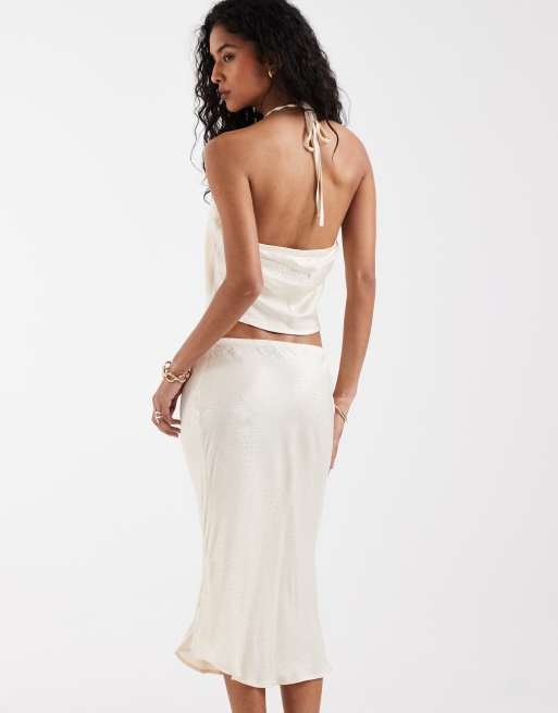 ASOS DESIGN - Canottiera allacciata al collo e con scollo rotondo ampio in raso jacquard color crema, 4 di 4