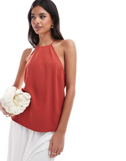 ASOS DESIGN - Canottiera allacciata al collo in tessuto cupro color terracotta con fascette sottili sul retro