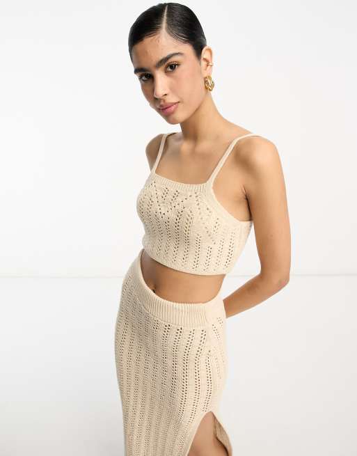 ASOS DESIGN - Canottiera all'uncinetto color crema in coordinato