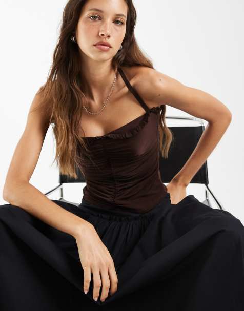 ASOS DESIGN - Canottiera arricciata allacciata al collo color cioccolato - view 1