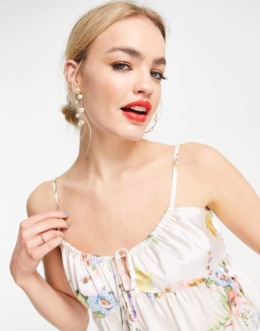 ASOS DESIGN - Canottiera arricciata con fondo a peplo e stampa floreale pastello , 2 di 4
