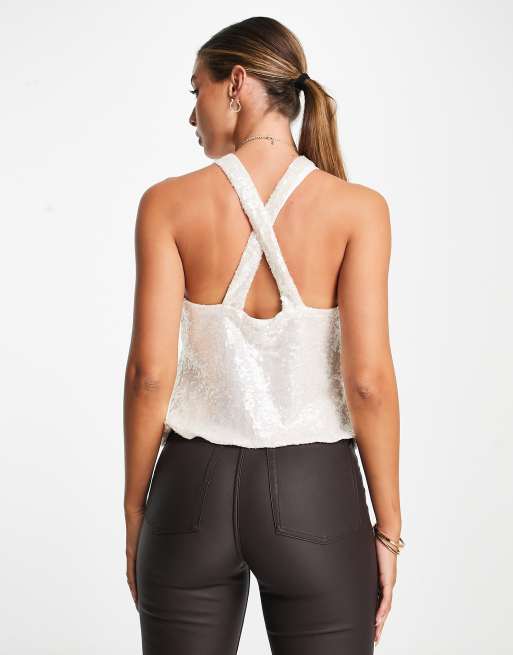 ASOS DESIGN - Canottiera avvolgente allacciata al collo con paillettes cristallo, 2 di 4