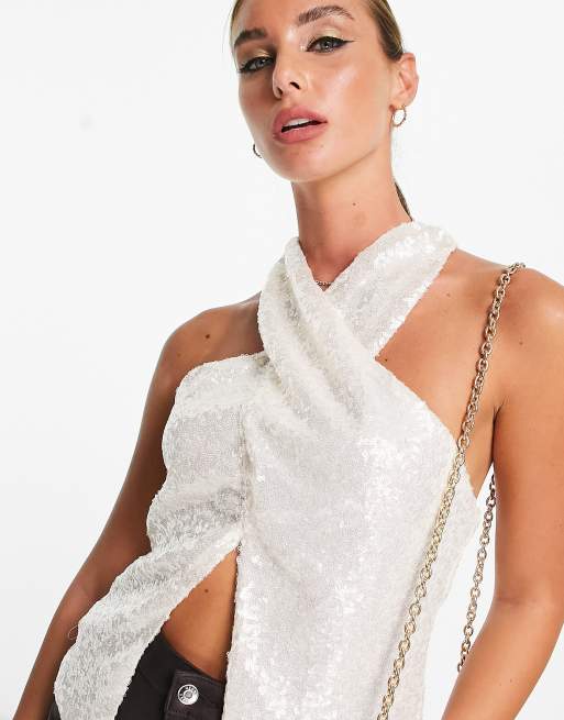 ASOS DESIGN - Canottiera avvolgente allacciata al collo con paillettes cristallo, 3 di 4