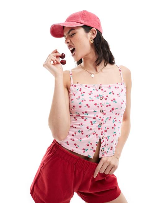 ASOS DESIGN - Canottiera con bottoni in corno e stampa di ciliegie