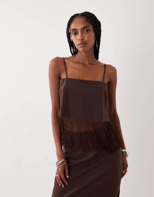 ASOS DESIGN - Canottiera con frange in misto lino color cioccolato in coordinato