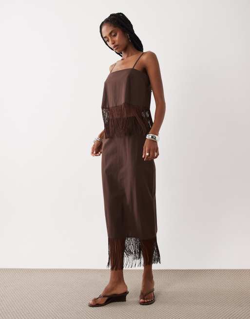 ASOS DESIGN - Canottiera con frange in misto lino color cioccolato in coordinato