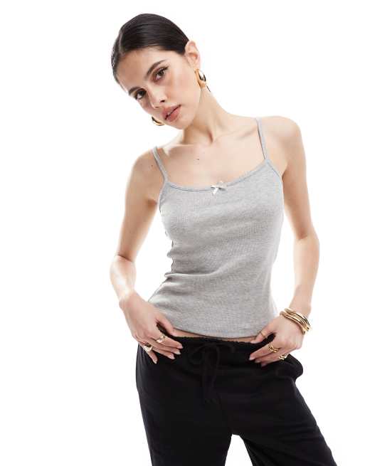 ASOS DESIGN - Canottiera con scollo dritto e finiture picot grigio mélange con fiocco