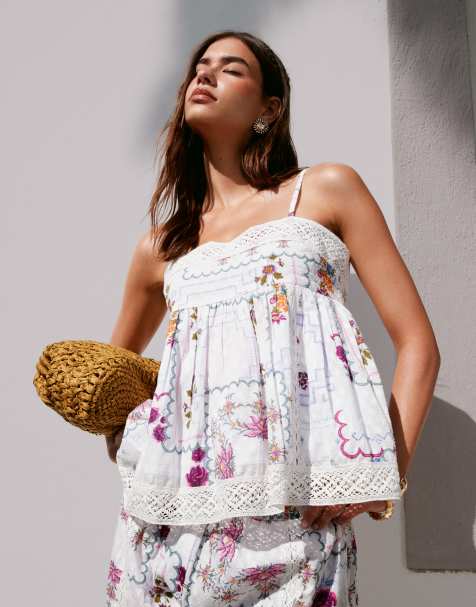 ASOS DESIGN - Canottiera con stampa stile tovaglia e finiture in pizzo in coordinato - view 1