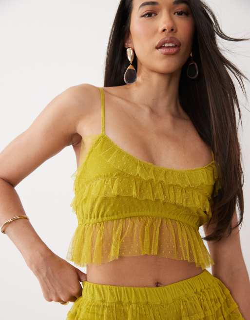 ASOS DESIGN - Canottiera corta in rete plumetis semitrasparente con volant color lime