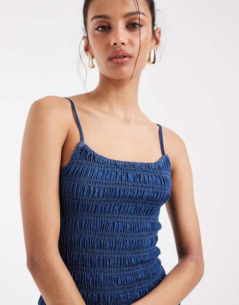 ASOS DESIGN - Canottiera di jeans arricciata lavaggio inchiostro in coordinato - view 1