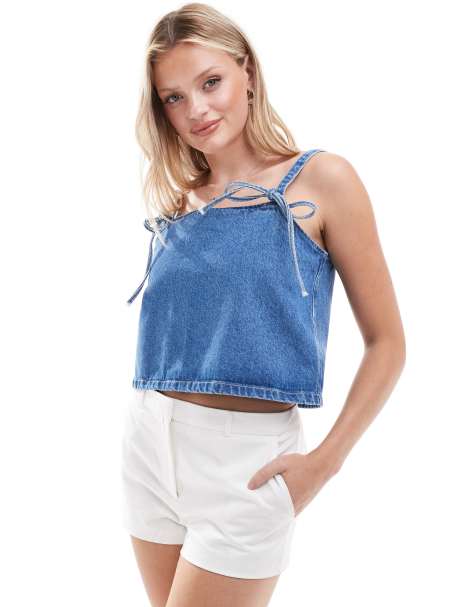 ASOS DESIGN - Canottiera in denim blu medio con fiocchi sulle spalline - view 1