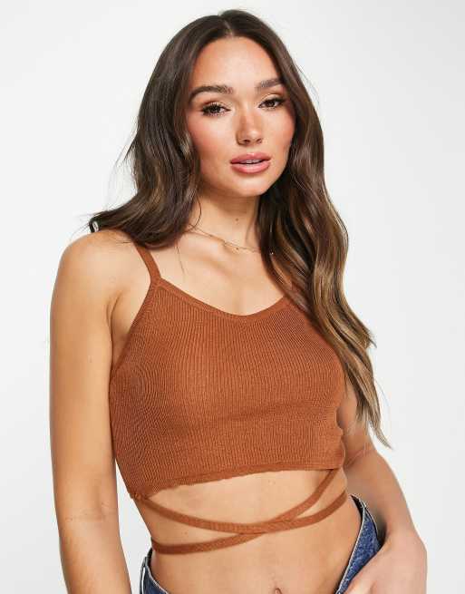 ASOS DESIGN - Canottiera in maglia allacciata in vita, colore marrone