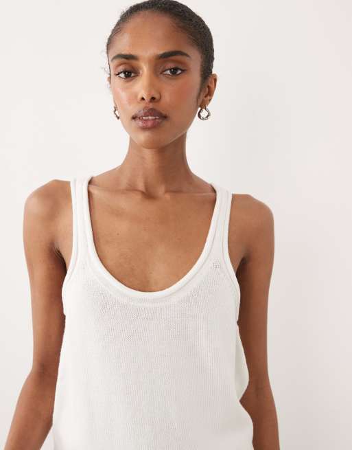 ASOS DESIGN - Canottiera in maglia misto cotone bianca con scollo a U, 4 di 4