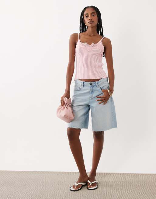 ASOS DESIGN - Canottiera in maglia rosa con finiture in pizzo, 2 di 4