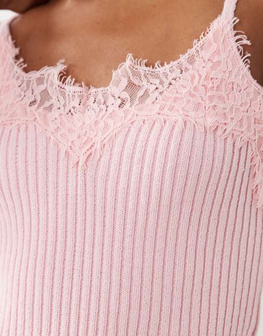 ASOS DESIGN - Canottiera in maglia rosa con finiture in pizzo, 3 di 4
