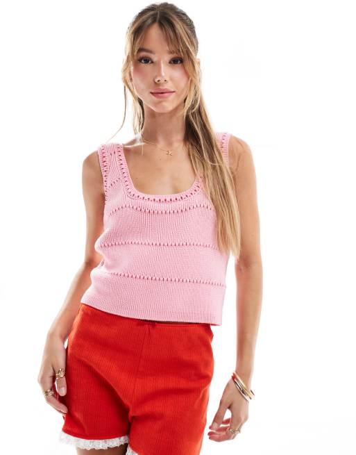ASOS DESIGN - Canottiera in maglia rosa con scollo squadrato e cuciture a contrasto