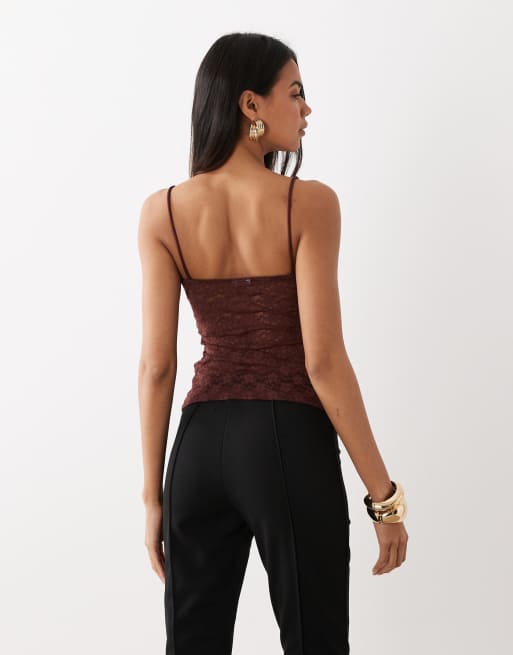 ASOS DESIGN - Canottiera in pizzo color cioccolato con spalline sottili e scollo squadrato, 4 di 4