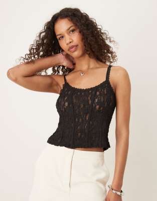 ASOS DESIGN - Canottiera in pizzo trasparente nera con dettagli