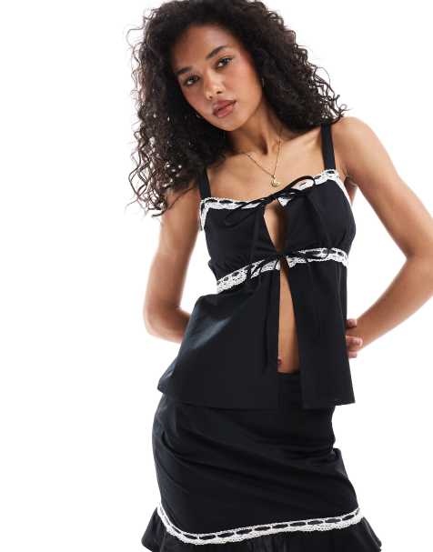 ASOS DESIGN - Canottiera in popeline nera con finiture in pizzo a contrasto in coordinato - view 1