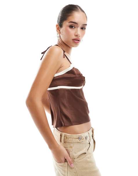 ASOS DESIGN - Canottiera in raso color cioccolato con bustino a contrasto - view 1