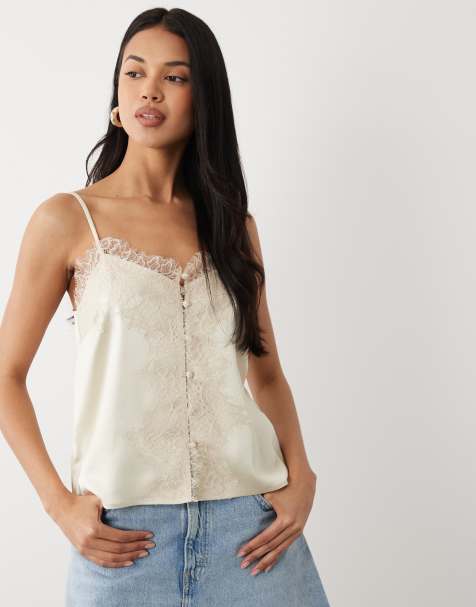 ASOS DESIGN - Canottiera in raso crema con finiture in pizzo e laccetti - view 1