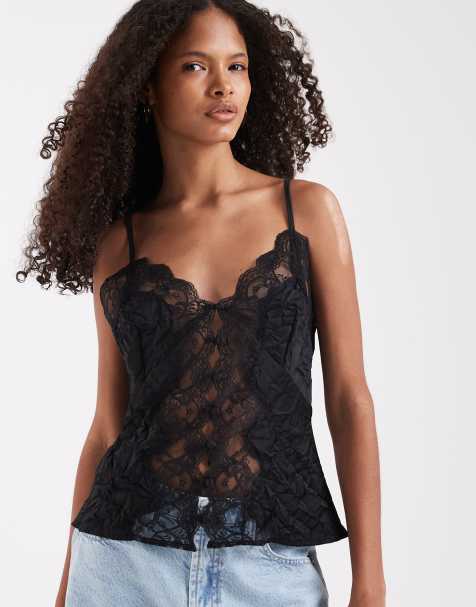 ASOS DESIGN - Canottiera in raso e pizzo nero con bottoni sul davanti - view 1