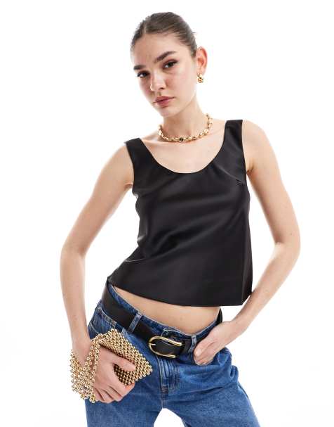 ASOS DESIGN - Canottiera in raso nero con scollo rotondo  - view 1
